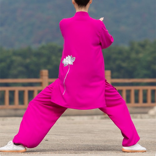 Fuchsia long sleeves Tai Chi clothing for female embroidery lotus Tai Chi martial arts performance competition practice clothing spring and autumn